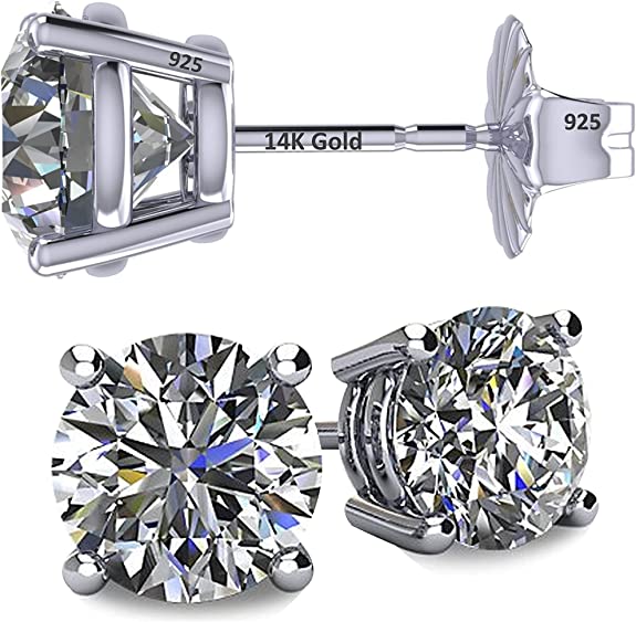 Bavne 14K Solid Gold Post & Sterling Silver 4 Prong Zirconia CZ Stud Earrings