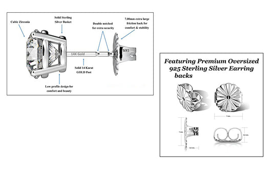 Bavne 14K Solid Gold Post & Sterling Silver 4 Prong Zirconia CZ Stud Earrings