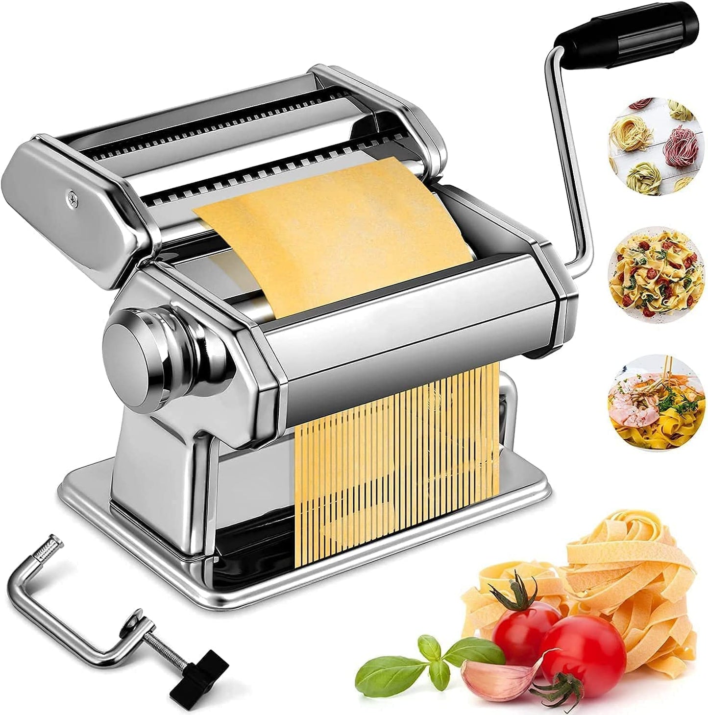 Bavne Pasta Maker Machine, 7 Thickness Settings Dough Roller Stainless Steel Pasta Maker with 2 Blades Noodle Cutter, Manual Rolling Noodles Maker Crank 2 Widths Cutter for Spaghetti Fettuccine Lasagna