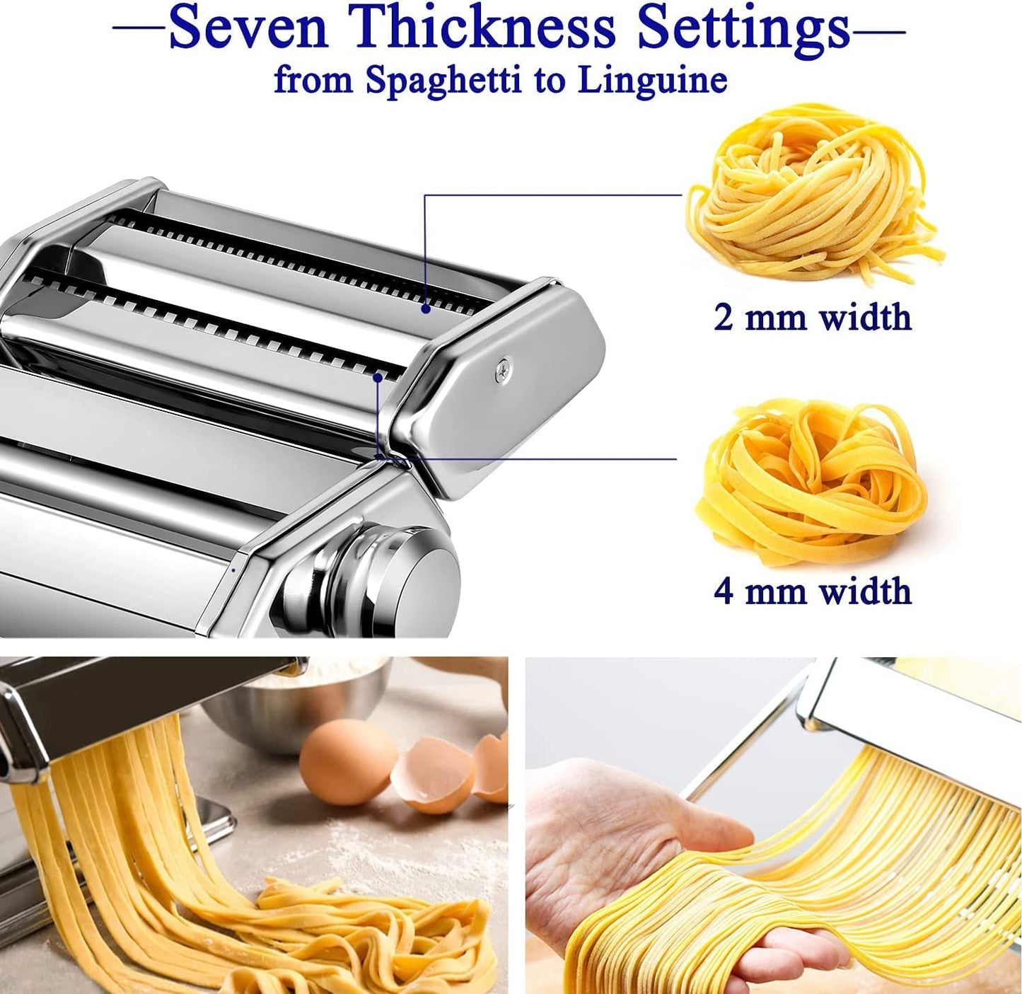 Bavne Pasta Maker Machine, 7 Thickness Settings Dough Roller Stainless Steel Pasta Maker with 2 Blades Noodle Cutter, Manual Rolling Noodles Maker Crank 2 Widths Cutter for Spaghetti Fettuccine Lasagna